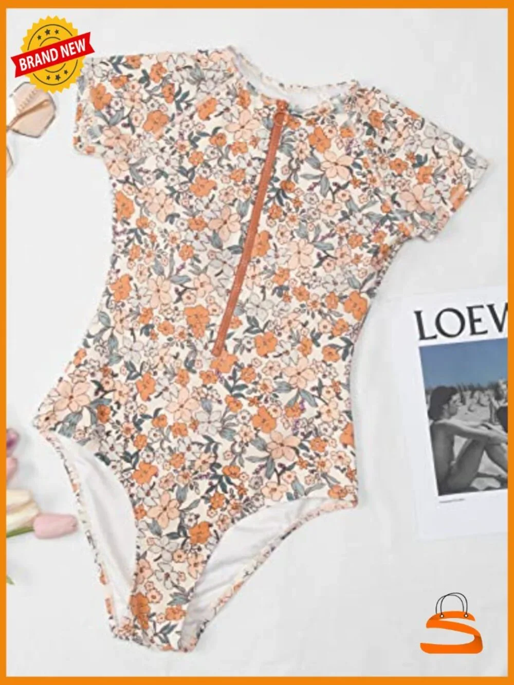Mock Neck Zipper Short Sleeve One Piece Swimsuit - Picture 5 of 7